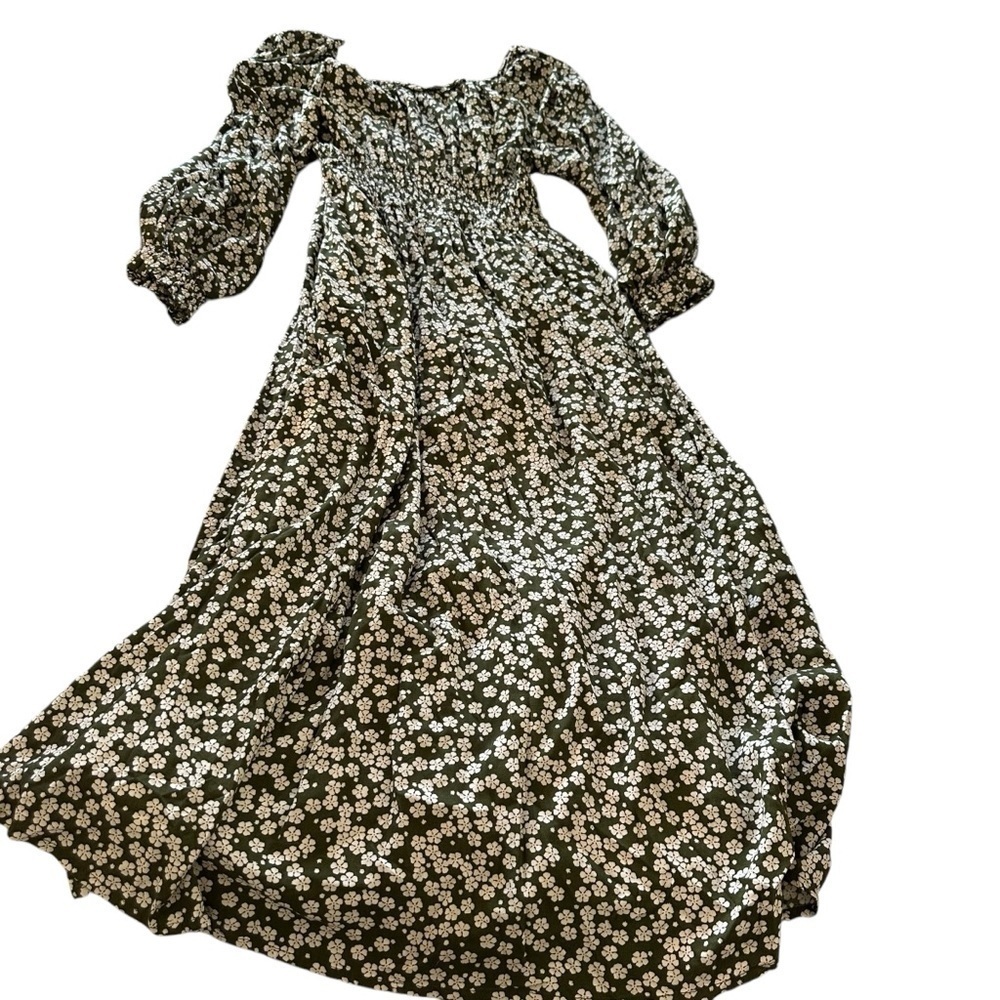 Green and Cream Smocked Maxi Sundress with Bishop Sleeves - Picture 2 of 2
